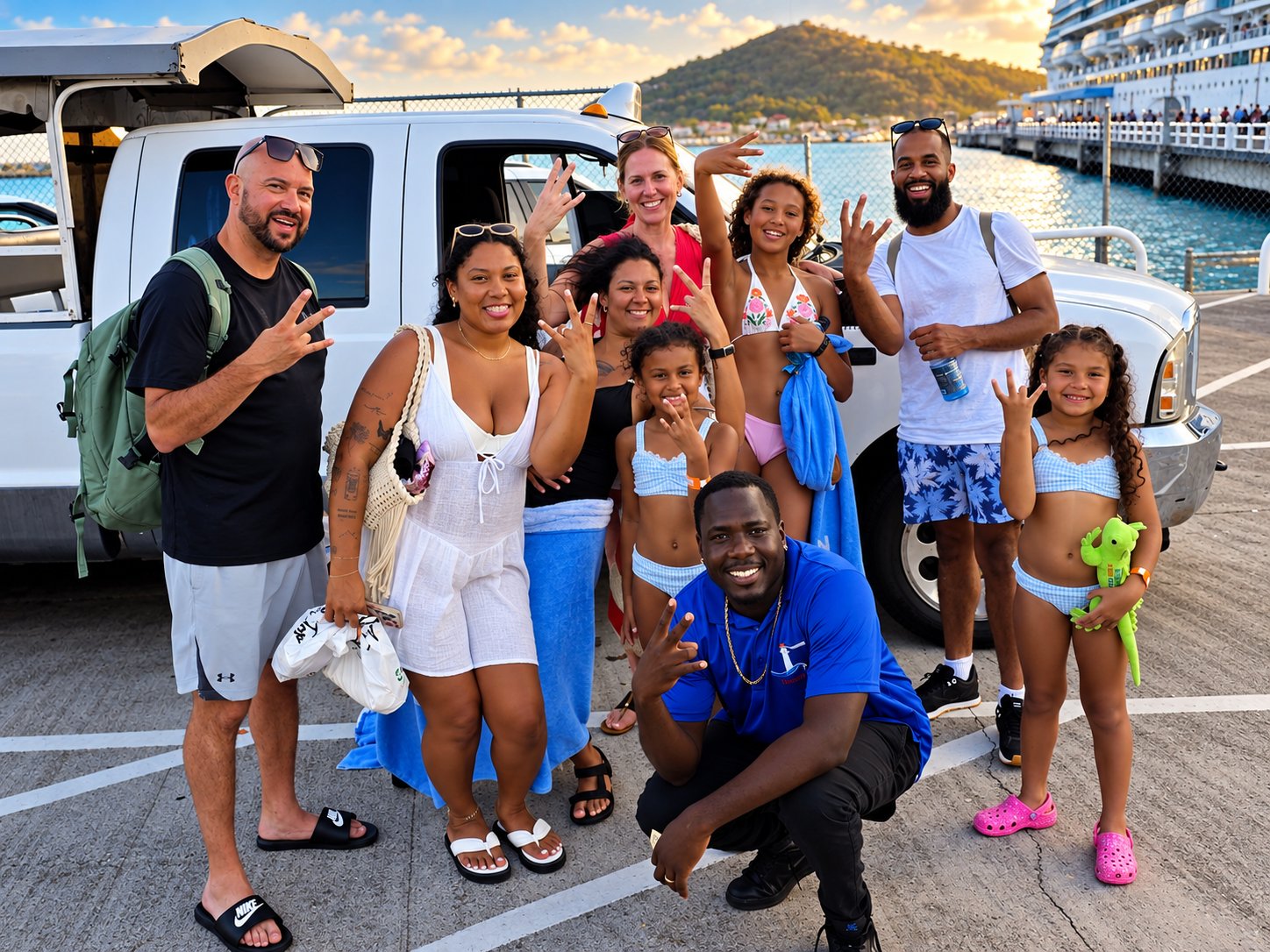 V&K Island Escape driver kneeling with a smiling group of guests beside the safari vehicle at the St. Thomas cruise port