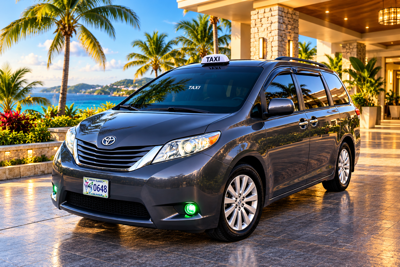 Gray Toyota Sienna taxi at a tropical waterfront resort in St. Thomas