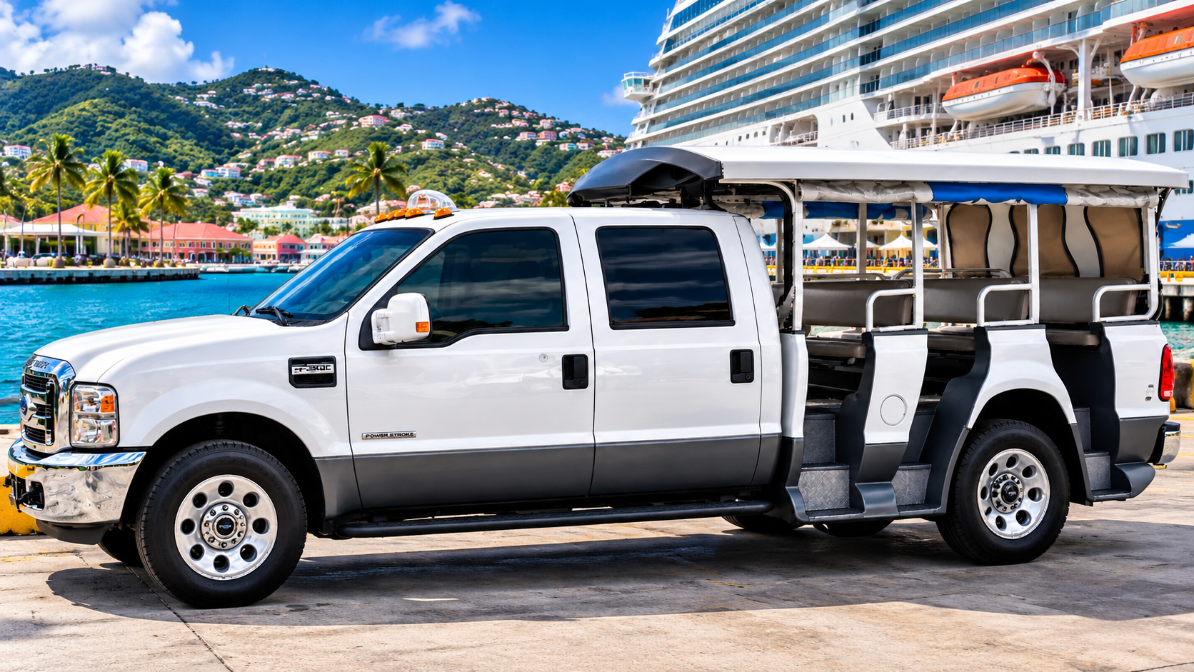White open-air safari vehicle at the St. Thomas cruise port