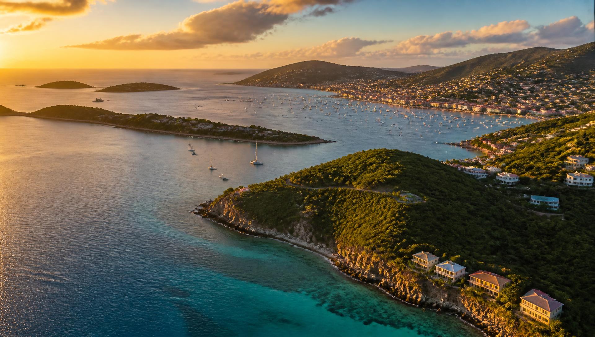 Aerial view of the St. Thomas coastline at golden hour